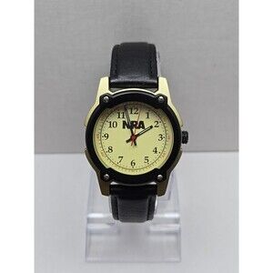 NRA Europa Quartz Watch Black Bezel Gold Tone Case Leather Band Mens New Battery